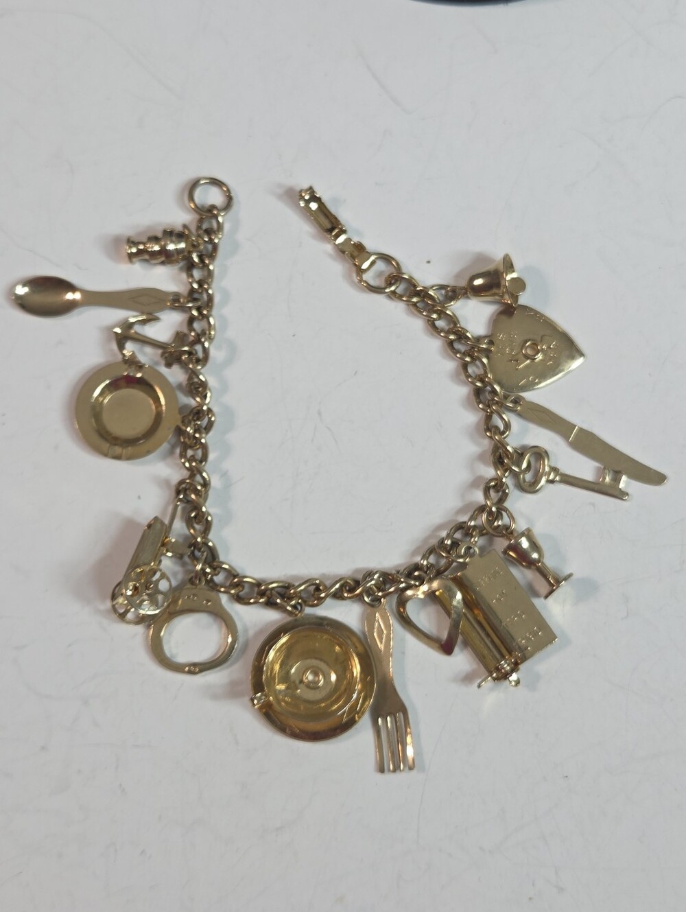 vtg 50s coro Gold-Tone Charm Bracelet with Kitchen & Heart Charms whimiscal